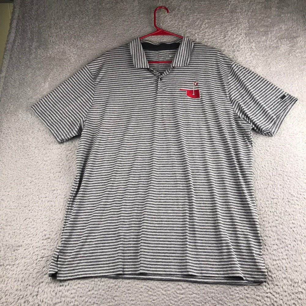 Nike Tiger Woods Golf Polo Shirt Mens XL Grey Striped Oklahoma OU Logo